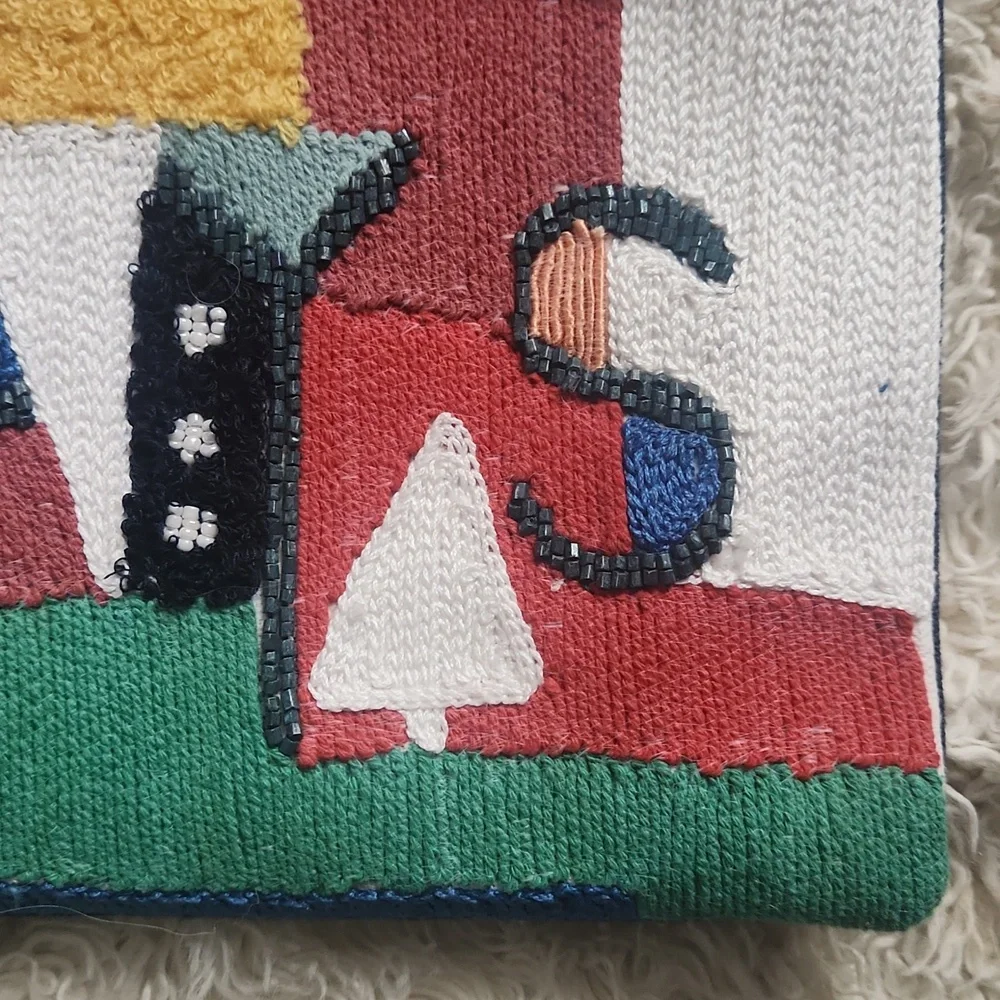 WEST ELM happy holidays beaded pillow cover 12x21 multicolor embroidered sham